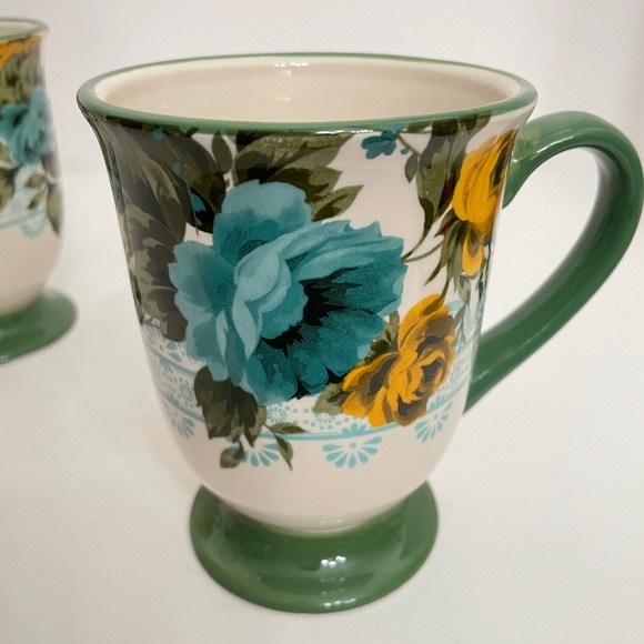 2 Authentic The Pioneer Woman Rose Shadow 18-Ounce Footed Latte Mug White Green - Picture 9 of 9